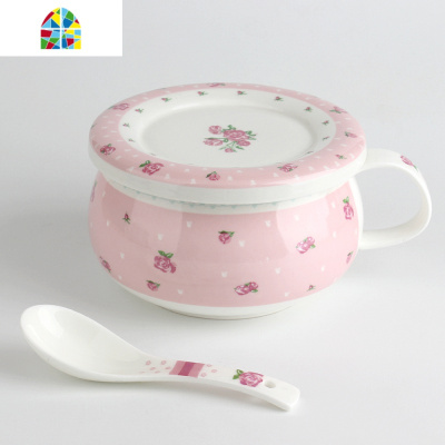 美式瓷碗带盖子燕麦碗有柄手微波炉饭碗家用蒸鸡蛋羹碗陶瓷早餐杯 FENGHOU 手绘白兔带瓷盖鼓形面杯