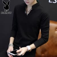 花花公子黑色长袖T恤男士含棉上衣服秋冬季新款休闲V领打底衫男装
