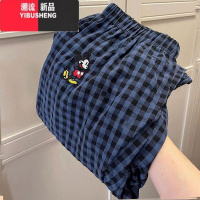 YIBUSHENG季休闲裤女新款卡通米奇刺绣宽松直筒裤九分裤韩版薄款蓝色格子