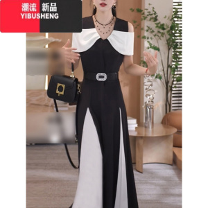 YIBUSHENG法式长裙2024新款高冷御姐风高级感看拼色露肩连衣裙子女