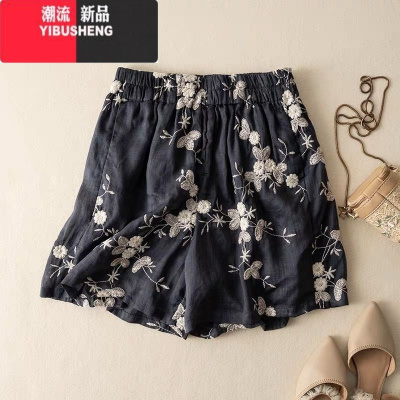 YIBUSHENG重工刺绣苎麻短裤女阔腿裤2023季新款文艺复古高级感棉麻休闲裤