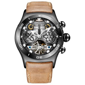 瑞夫泰格(reef tiger)疯马皮带手表男士镂空自动机械表男表个性表大表盘多功能手表大气防水球面玻璃RGA703