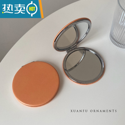 敬平包质复古便携小镜子女随身携带手持双面补化妆镜迷你折叠小型 圆形-橘咖 直径约8cm 实物色偏浅便携式用镜