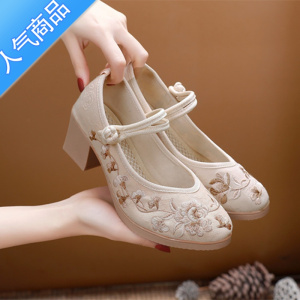 SUNTEK2023老北京布鞋高跟旗袍粗跟绣花鞋浅口复古女鞋汉服民族风女单鞋