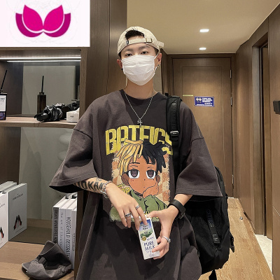 七斓潮流卡通短袖t恤男生夏季美式复古潮牌宽松嘻哈高街大码半袖体恤