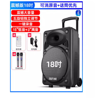 先科户外大功率18寸震撼重低音长续航拉杆音箱可消原音配双话筒麦克风