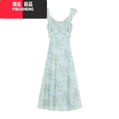 YIBUSHENG甜美小飞袖碎花裙温柔风连衣裙女季小众气质修身荷叶边a字长裙