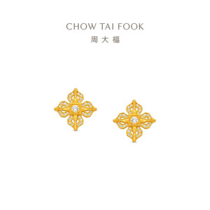 周大福藏蕴传承系列十字金刚杵足金黄金镶嵌钻石耳钉RU1660礼物