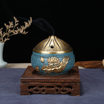 迦印堂宣德炉盘香炉沉香炉檀香炉家用室内仿古熏香炉荷花禅炉+底座