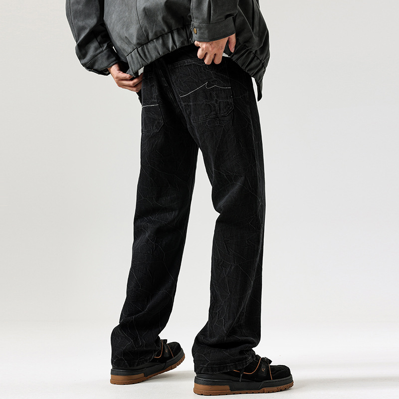 秋冬新款喇叭裤男高级感欧美风格神秘黑色经典闪电压花牛仔裤男士