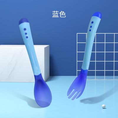 婴儿感温变色勺防烫餐具套装宝宝硅胶勺儿童勺子吸盘碗软头辅食勺蓝色勺+叉送收纳盒-