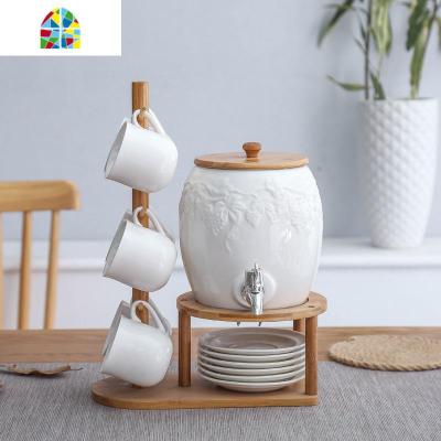 陶瓷冷水壶带不锈钢水龙头家用大容量凉水壶水杯水具套装北欧水缸 FENGHOU B款套装带不锈钢水龙头