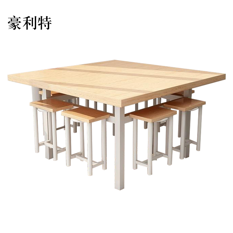 豪利特餐桌学校食堂小吃店快餐桌椅饭堂橡木色方桌1200*1200*750[含椅]