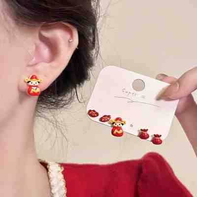 新年红色醒狮财神爷套装耳钉女秋冬小众设计高级感国风耳环耳饰送女朋友老婆情人节七夕生日礼物