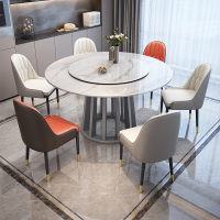 欧梵森 意式轻奢岩板餐桌北欧实木餐桌椅组合家用小户型饭桌现代简约大理石圆桌转盘