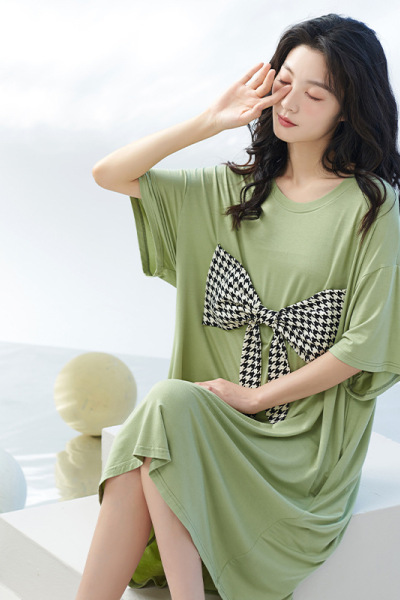 莫代尔女睡裙新款中长款短袖睡衣夏季圆领蝴蝶结简约家居服可外穿_1