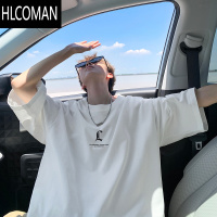 HLCOMAN白色t恤男士短袖夏季2025美式潮牌五分半袖小领口体恤男