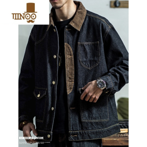 YANXU灯芯绒拼接牛仔工装外套男美式日系复古夹克衫潮牌宽松痞帅