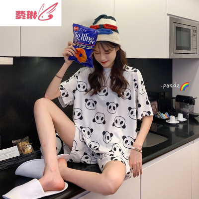夏季2020新款韩版宽松薄款服套装睡衣女夏睡裤短裤夏天两件套费琳熊猫均码