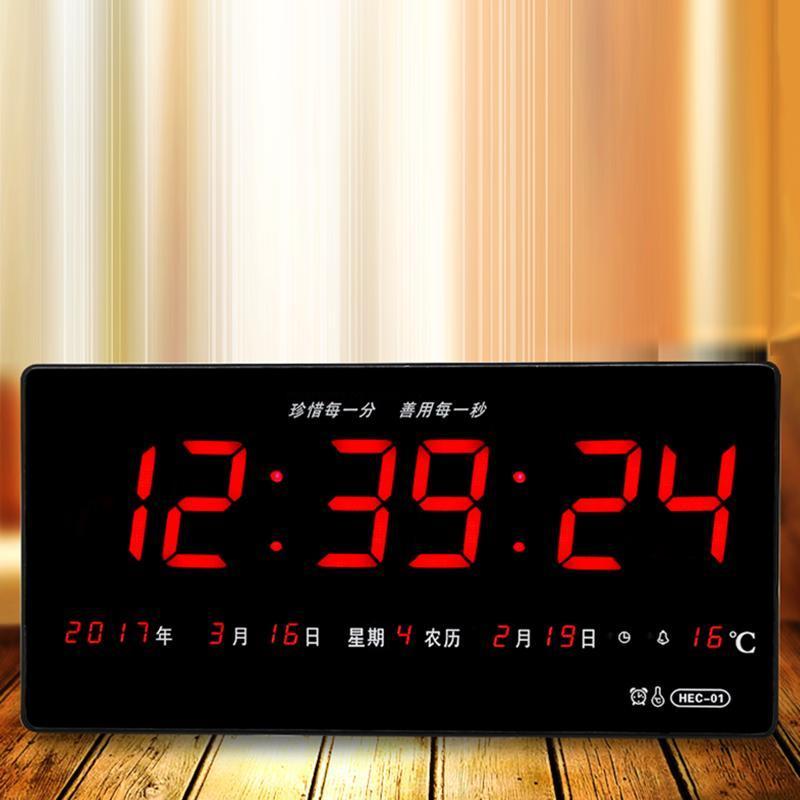家居装饰品数码万年历LED电子时钟挂钟客厅大屏日历钟表壁饰-16英寸黑色