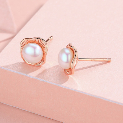 佰色传情925纯银高级感耳环女气质网红淡水珍珠耳饰款潮耳钉新玫瑰金