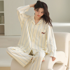 100%纯棉睡衣女款春夏长袖高级简约条纹可外穿全棉女士家居服套装