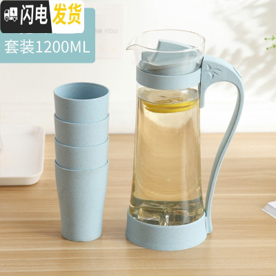 三维工匠家用冷水壶玻璃耐热高温晾凉白开水杯扎壶防爆大容量透明水瓶套装 北欧蓝-小麦杯5件凉水壶