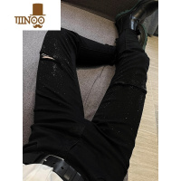 YANXU感黑色烫钻牛仔裤男士修身弹力小脚裤破洞休闲长裤子男裤