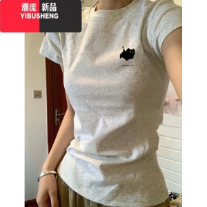 YIBUSHENG美式辣妹复古猫咪白灰色正肩短袖T恤女季修身显瘦收腰短款上衣