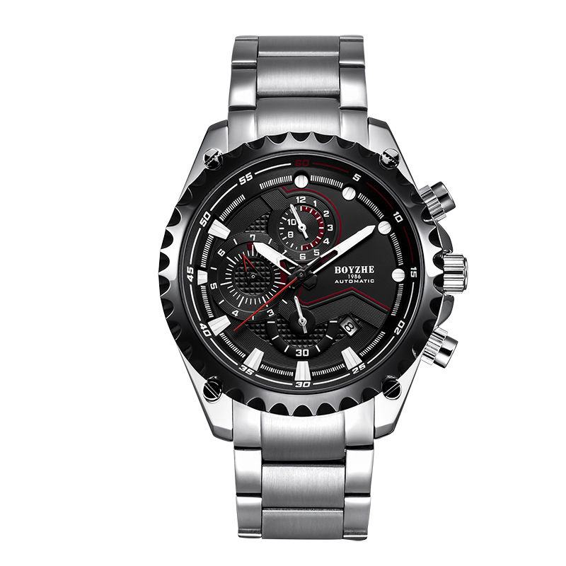 博雅哲(BOYZHE)大表盘全自动机械手表男士夜光防水潮流个性钢带商务瑞士风格学生情侣男神腕表