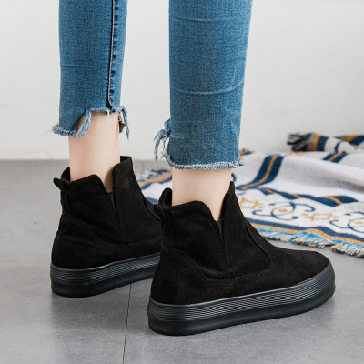 SUNTEK易帝秋冬薄绒加绒帆布鞋女黑色百搭韩版懒人一脚蹬套脚二棉高帮鞋休闲鞋