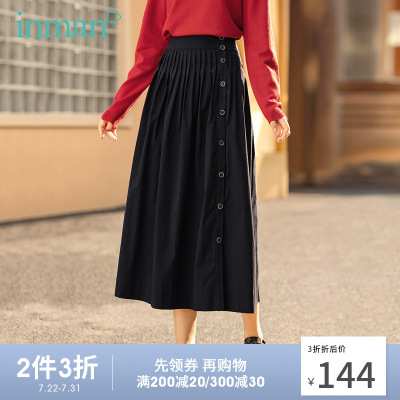 茵曼秋装新款松紧腰侧边装饰扣垂坠百褶遮肉显瘦文艺半身裙1803400-