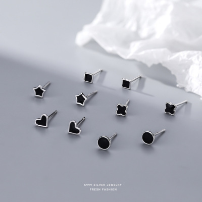 云小舒银饰s999足银滴胶四叶草耳钉 男女通用简约养耳洞纯银耳饰送女朋友老婆情人节七夕生日礼物