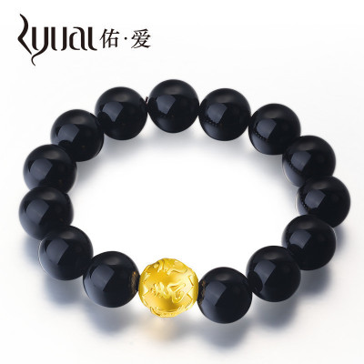 Ryual黄金转运珠手链足金手链黄金3D硬金路路通手串男士款14mm黑玛瑙手串计价款1.45