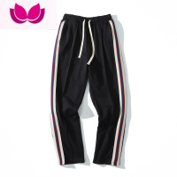 七斓国潮牌侧边条纹针织带拼接运动休闲裤子男女直筒卫裤宽松情侣长裤