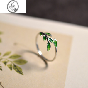 JiMiS925银饰怀旧复古景泰蓝绿色树叶女式银戒指古风开口戒配盒 开口设计