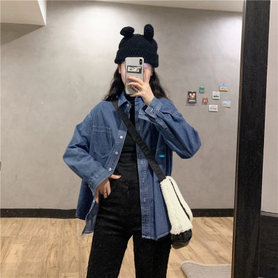 广赫蓝色牛仔衬衫外套女洋气减龄百搭宽松法式复古港味上衣设计感小众衬衫