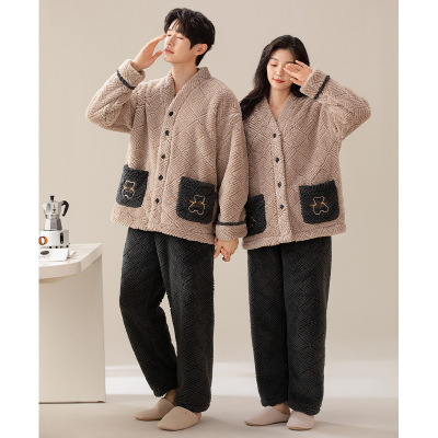情侣睡衣女款春秋冬季珊瑚绒加厚加绒保暖一男士一女士家居服套装
