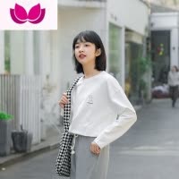 七斓白色t恤女长袖小个子学生学院风宽松休闲圆领打底衫内搭上衣