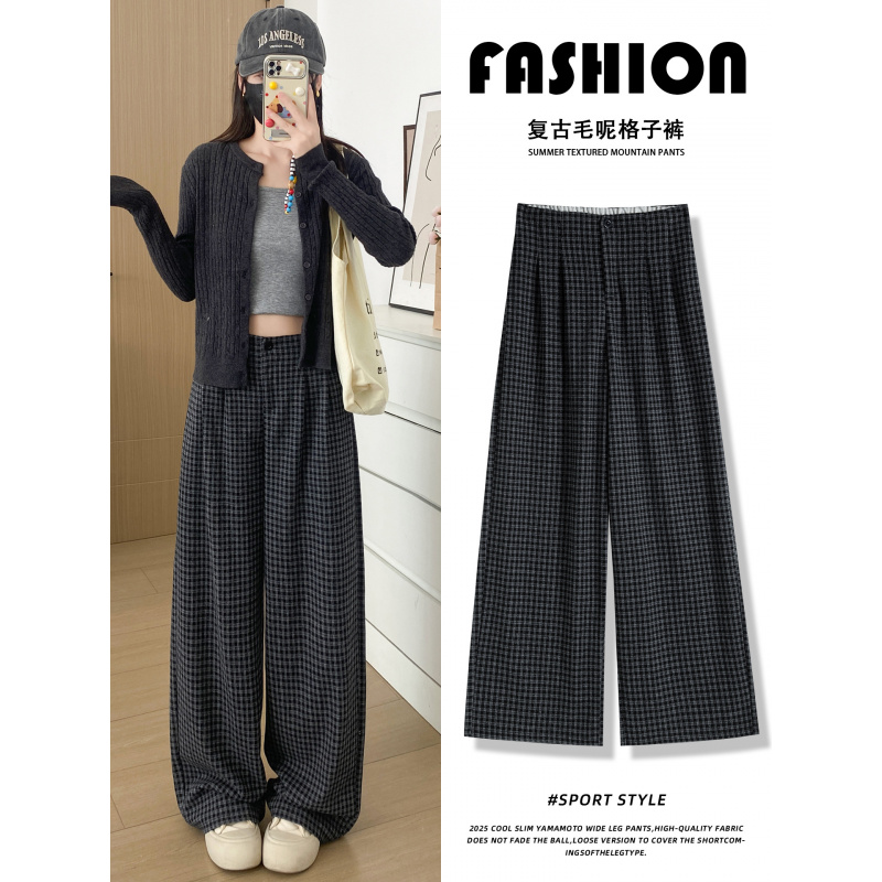 黑灰色毛呢格子裤女新款秋季垂感宽松bf慵懒风直筒休闲阔腿裤_507