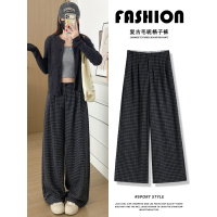 黑灰色毛呢格子裤女新款秋季垂感宽松bf慵懒风直筒休闲阔腿裤