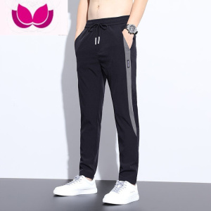 七斓夏季新款冰丝透气休闲长裤男士潮牌撞色拼接修身直筒裤小脚春裤子