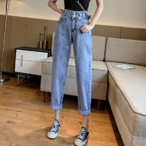 高腰含棉牛仔裤女夏宽松显瘦阔腿裤萝卜裤哈伦裤子复古老爹裤女装