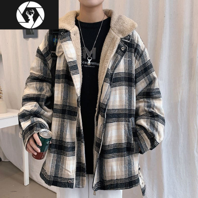HongZun棉衣男立领冬季加厚韩版潮流格子羔绒外套宽松潮牌棉服无帽翻领棉衣