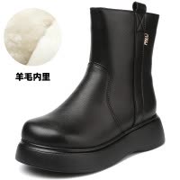 雪地靴女靴秋冬新款欧美风牛皮羊毛里皮靴圆头厚底中筒靴棉靴