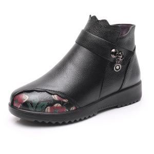 厂家直销热卖牛皮女棉鞋圆头平底软底妈妈女鞋加厚中老年女棉靴