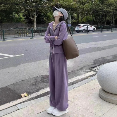 运动套装女秋季新款韩版宽松网红休闲卫衣拉链+阔腿裤两件套