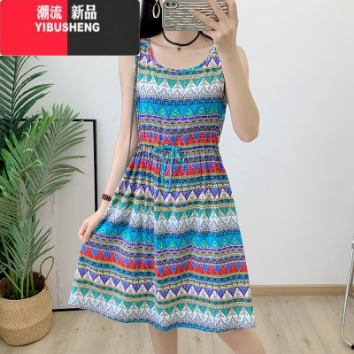 YIBUSHENG民族风小个子无袖外穿棉绸连衣裙人造棉新款碎花收腰背心裙子女