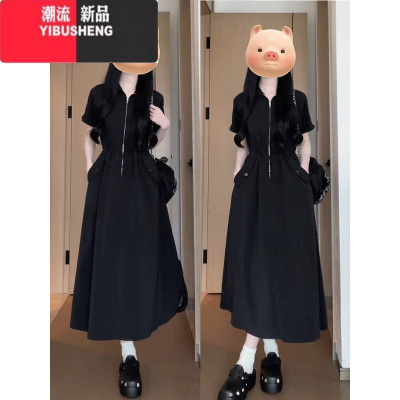 YIBUSHENG大码胖mm法式赫本风抽绳口袋工装长裙女复古宽松遮肉显瘦连衣裙