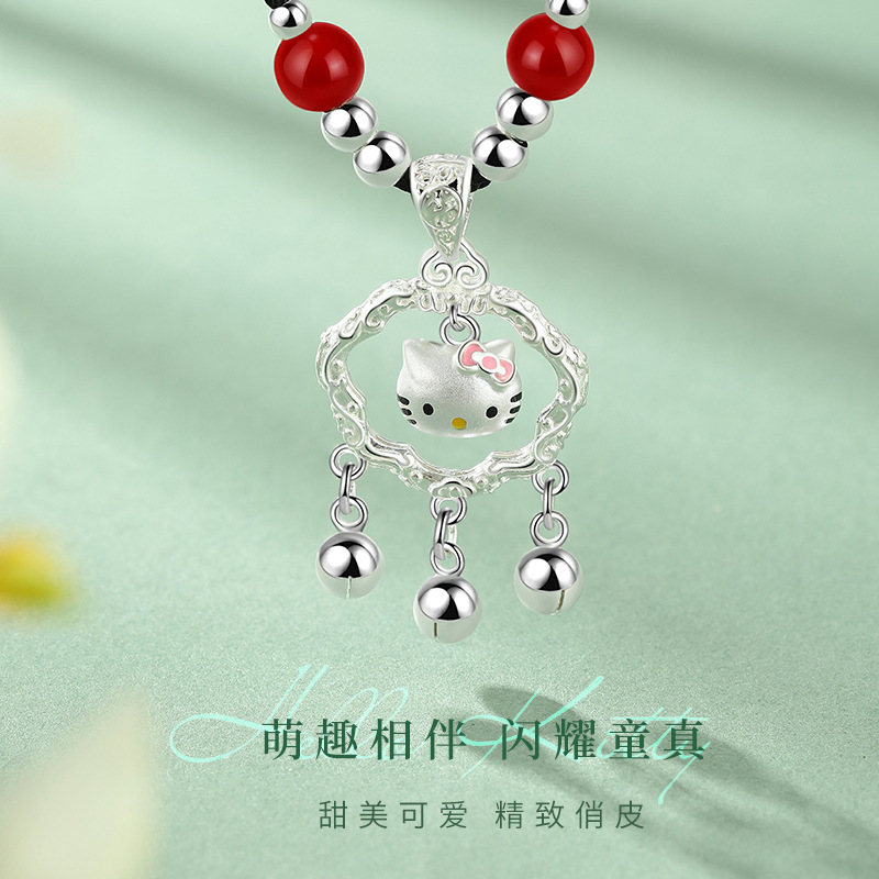 S999足银百福锁铃铛小猫纯银项链女可爱卡通平安锁吊坠锁骨链项饰
